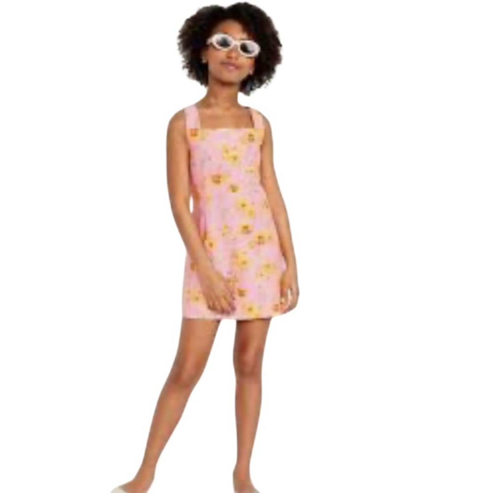 Old Navy Kids Pink and Yellow‎ Sunflower Print Smocked Linen Blend Dress Sz XL